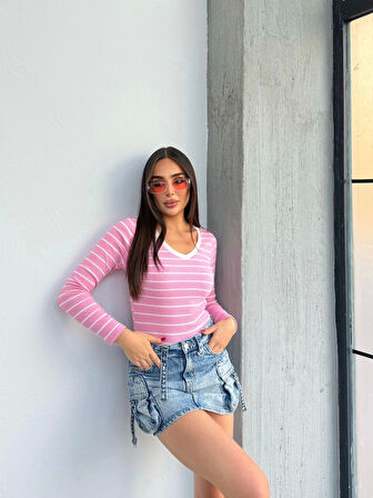 BİÇOMİ V yaka çizgili bluz pembe A3699