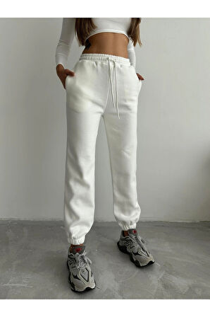 BİÇOMİ 3 iplik şardonlu paça lastikli eşofman beyaz is001