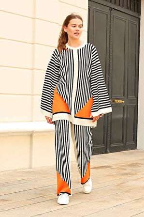 BİÇOMİ Çizgili bisiklet yaka triko takım beyaz