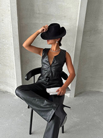 BİÇOMİ Kaplama düğmeli deri yelek siyah s24398