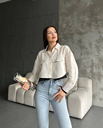 BİÇOMİ Çift renkli kısa gömlek krem s4021