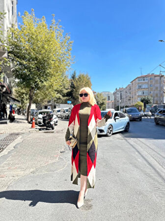 BİÇOMİ Uzun hırka içi elbise ikili triko takım ekose baklava desen haki kırmızı