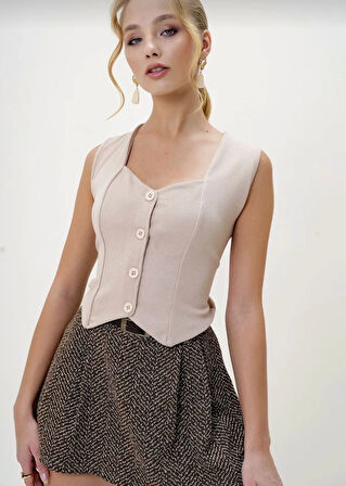 BİÇOMİ Krep kumaş düğmeli yelek bej s3395