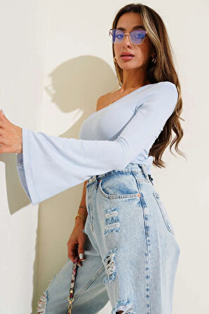 BİÇOMİ Tek Omuzlu Basic Bluz Mavi T4275