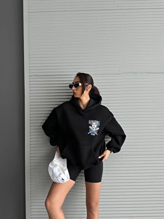 BİÇOMİ 3 iplik şardonlu oversize kafa baskılı sweat siyah