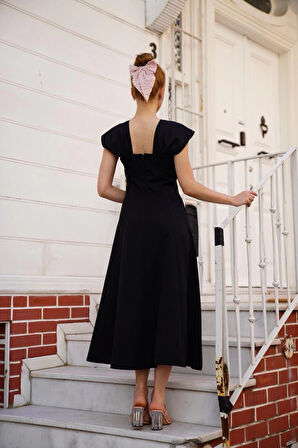 BİÇOMİ U yaka prenses elbise siyah s255101