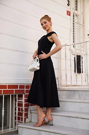 BİÇOMİ U yaka prenses elbise siyah s255101