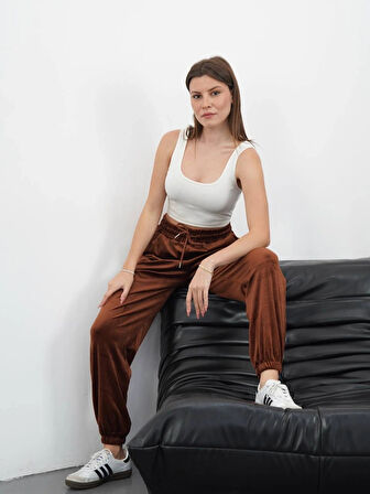 BİÇOMİ Paça lastikli kadife eşofman kahve md34