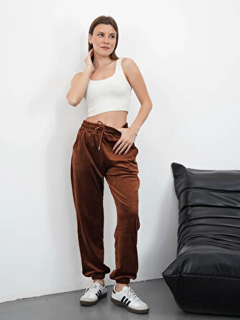 BİÇOMİ Paça lastikli kadife eşofman kahve md34