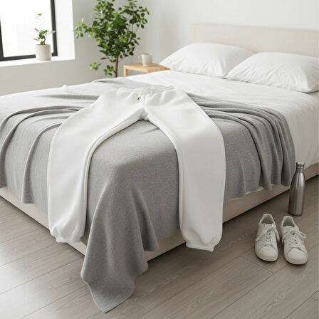 BİÇOMİ 3 iplik şardonlu Lastik paça eşofman beyaz p510439