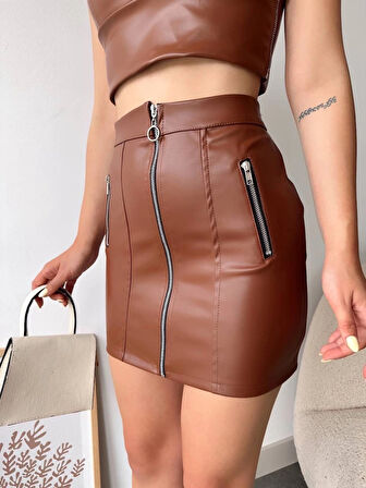 BİÇOMİ Üç fermuarlı deri etek kahve s24510