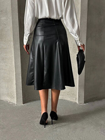 BİÇOMİ Komple parçalı deri etek siyah h26441