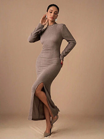 BİÇOMİ Yırtmaçlı kalın bürümcük uzun elbise vizon