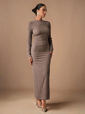 BİÇOMİ Yırtmaçlı kalın bürümcük uzun elbise vizon