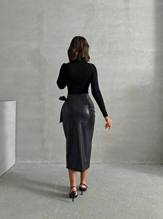 BİÇOMİ Kuşaklı uzun deri etek siyah h26414