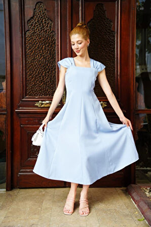 BİÇOMİ U yaka prenses elbise mavi s255101