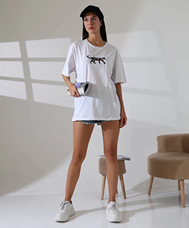 BİÇOMİ Kaplan nakış işlemeli Oversize tişört
