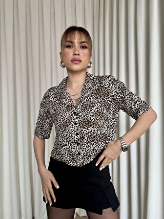 BİÇOMİ Leopar desenli crop gömlek
