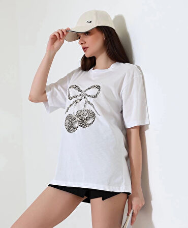 BİÇOMİ Leopar desenli kiraz baskılı tişört