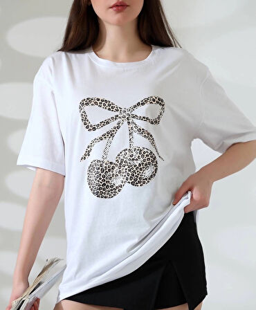 BİÇOMİ Leopar desenli kiraz baskılı tişört