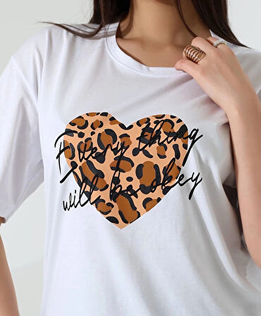 BİÇOMİ Leopar kalp baskılı tişört