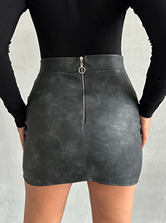 BİÇOMİ Eskitme deri mini etek