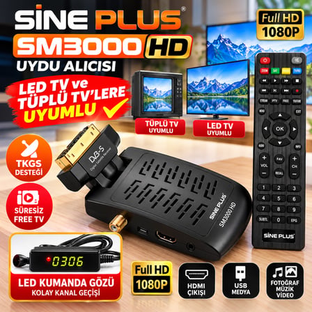 SinePlus SM3000 Full HD Uydu Alıcısı  LED ve Tüplü TV Uyumlu,  Süresiz Free TV, TKGS, LED Kumanda Gözü