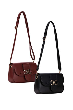 2'li Kadın Çanta Paketi Kapaklı Çapraz Askılı Siyah ve Bordo Omuz Çantası 2 Adet