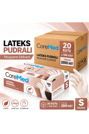 Coremed Lateks Pudralı Muayene Eldiveni S Beden, 2000 Adet Koli (20 paket)