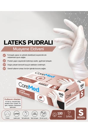 Coremed Lateks Pudralı Muayene Eldiveni S Beden, 2000 Adet Koli (20 paket)