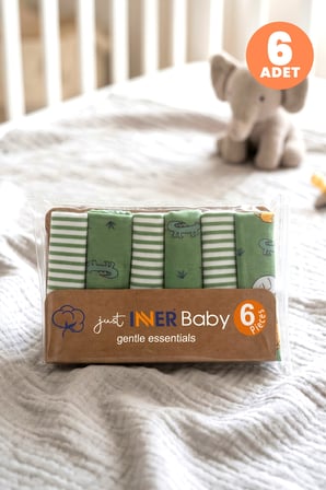 Just Inner Erkek Bebek 6'lı Pamuklu Ağız Mendili Safari ve Çizgili Desenli Kutulu Set Nefes Alan Dok