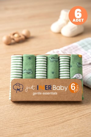 Just Inner Erkek Bebek 6'lı Pamuklu Ağız Mendili Safari ve Çizgili Desenli Kutulu Set Nefes Alan Dok