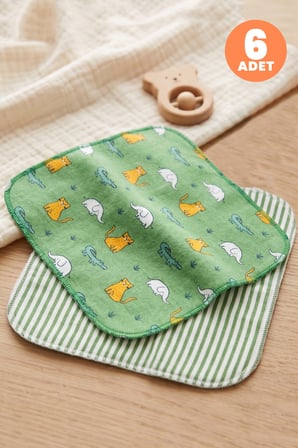 Just Inner Erkek Bebek 6'lı Pamuklu Ağız Mendili Safari ve Çizgili Desenli Kutulu Set Nefes Alan Dok