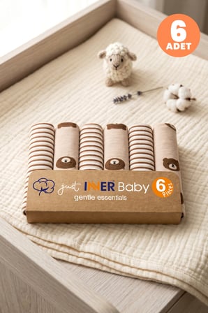 Just Inner Erkek Bebek 6'lı Pamuklu Ağız Mendili Ayıcık ve Çizgili Desenli Kutulu Set Nefes Alan Dok