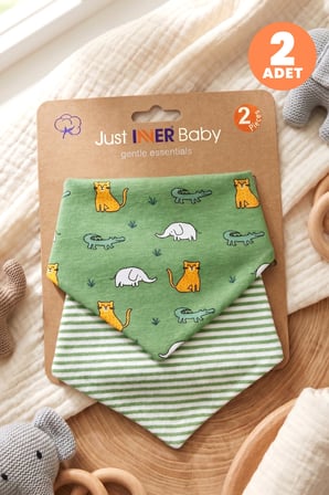 Just Inner Erkek Bebek 2'li Pamuklu Üçgen Fular Önlük Safari ve Çizgili Desenli Çıtçıtlı Çift Katlı 