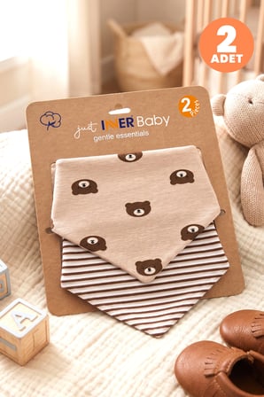 Just Inner Erkek Bebek 2'li Pamuklu Üçgen Fular Önlük Ayıcık ve Çizgili Desenli Çıtçıtlı Çift Katlı 