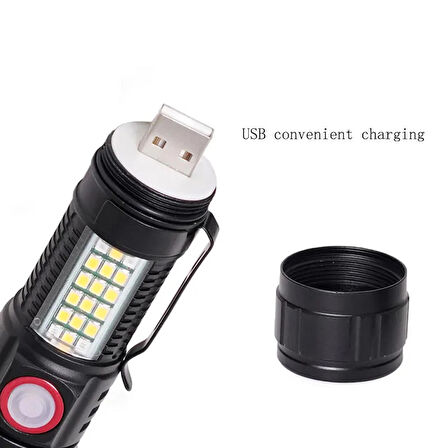 WS-2828 Ultra USB Şarjlı Polis El Feneri, Bekçi, Asker El Feneri Kırmızı Mavi Çakarlı 1000 Lümen