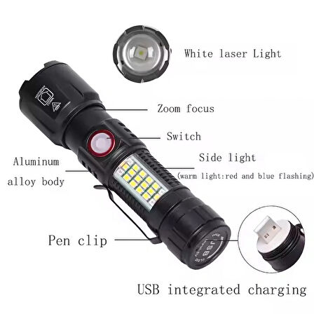 WS-2828 Ultra USB Şarjlı Polis El Feneri, Bekçi, Asker El Feneri Kırmızı Mavi Çakarlı 1000 Lümen