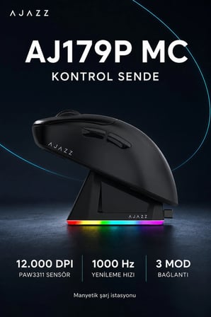 AJ179P MC 3 Modlu 1000Hz 12.000 Dpı Manyetik Şarj Istasyonlu Paw3311 Optik Sensör Gaming Mouse