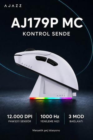 AJ179P MC 3 Modlu 1000Hz 12.000 Dpı Manyetik Şarj Istasyonlu Paw3311 Optik Sensör Gaming Mouse