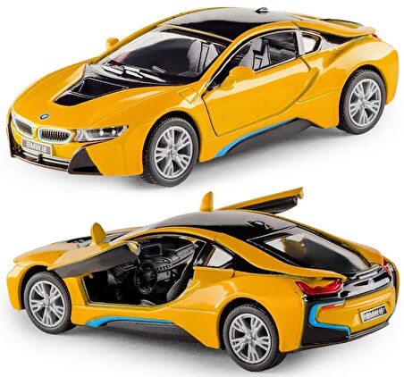 Kinsmart BMW İ8 Metal Diecast Çek Bırak 1:34 Ölçek Araba Sarı