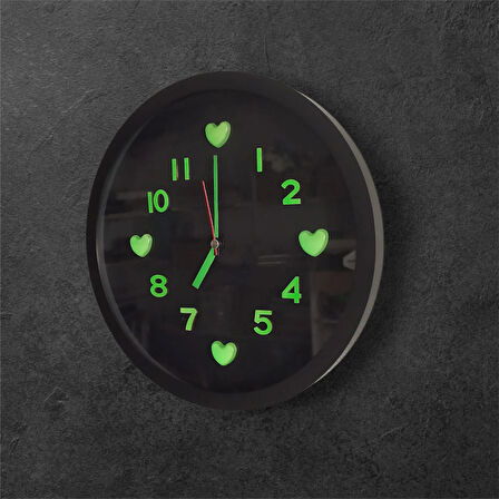 Fosforlu 3d Kalpli Siyah Duvar Saati Fosforlu Küpe Fosforlu Kolye Seti