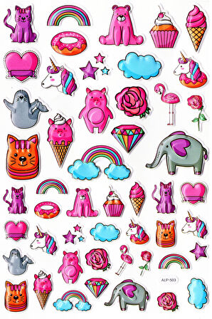 Sticker Kabartmalı A4 Boyutunda Stiker Defter, Planlayıcı Etiket-(lim503) - Pembe Temalı Unicorn Dondurma