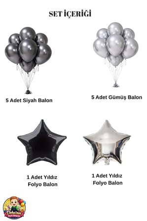 Dehaparty Balon Seti Siyah Gümüş Yıldız Folyo Parti Süsleme Malzemeleri Doğum Günü Nişan