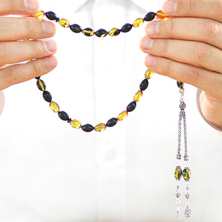 925 Ayar Gümüş Çift Püsküllü Arpa Kesim Sarı-Siyah Ateş Kehribar Tesbih