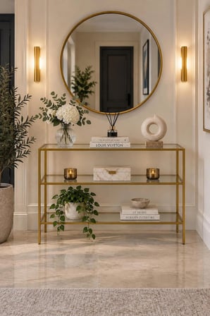  Teknor Şeffaf Camlı Gold Metal Salon Konsol Ünitesi 100cm