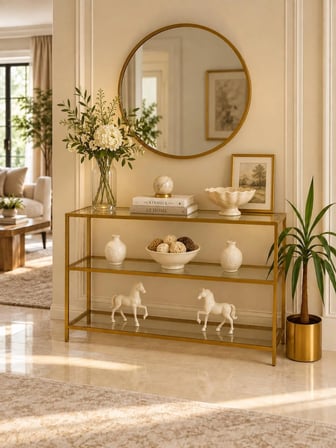  Teknor Şeffaf Camlı Gold Metal Salon Konsol Ünitesi 100cm