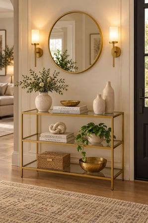  Teknor Şeffaf Camlı Gold Metal Salon Konsol Ünitesi 100cm