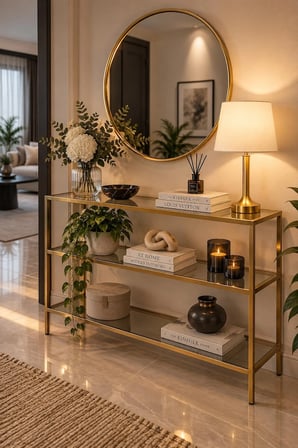  Teknor Şeffaf Camlı Gold Metal Salon Konsol Ünitesi 100cm