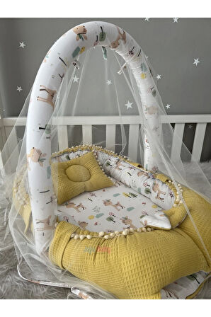Hardal Sarı Wafle Pike Kumaş Ceylan Tasarım Ponponlu Oyuncak Aparat Ve Tül Babynest Set